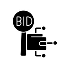 Cryptocurrency auction black glyph icon. Crypto currency bidding and trading. High technology. Digital money. Online sales. Silhouette symbol on white space. Vector isolated illustration
