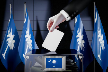 South Carolina flags, hand dropping ballot card into a box - voting, election concept - 3D illustration