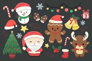 Set of cute Christmas and New Year elements with Santa Claus, Snowman, Reindeer,gift,bell,Gingerbread Men and Christmas decorations  illustration. © Yannasakamon