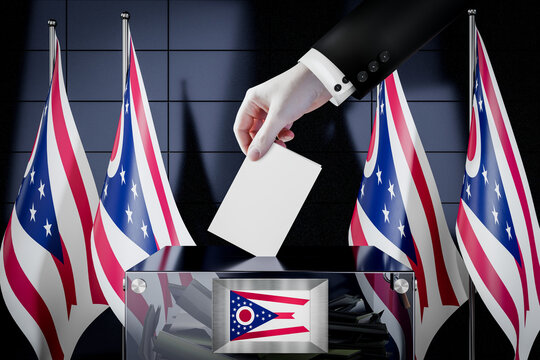 Ohio flags, hand dropping ballot card into a box - voting, election concept - 3D illustration