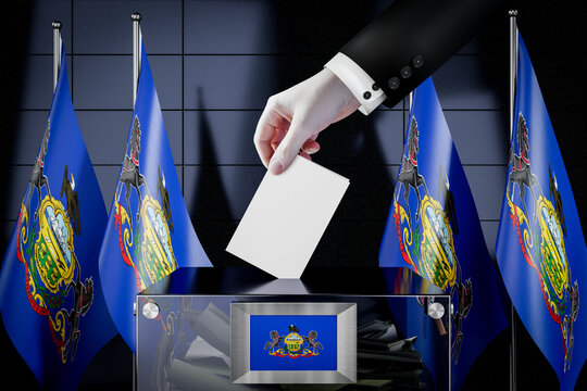 Pennsylvania Flags, Hand Dropping Ballot Card Into A Box - Voting, Election Concept - 3D Illustration