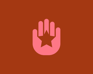 Fototapeta na wymiar Abstract star in the hand palm logo design. Universal minimalistic vote, donate, volunteer vector sign symbol logotype.