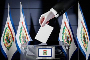 West Virginia flags, hand dropping ballot card into a box - voting, election concept - 3D illustration