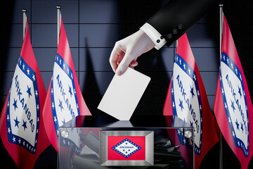 Arkansas flags, hand dropping ballot card into a box - voting, election concept - 3D illustration