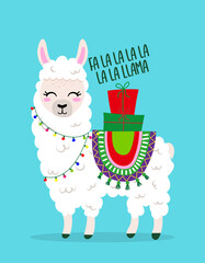 Fa la la la la Llama - funny Llama on the back of the gifts. Llama doodle draw for print. Adorable poster for Xmas party, good for t shirts gift, mug or other print design. Winter Pajama decoration. © Zsuzsanna