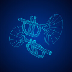 Trumpet pipe fife musiacal instrument. Wireframe low poly mesh vector illustration.