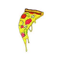 Slice of pizza with melted cheese, tomato and mushrooms. Vector illustration. Unhealthy fast food. Cute image of slice of pizza.