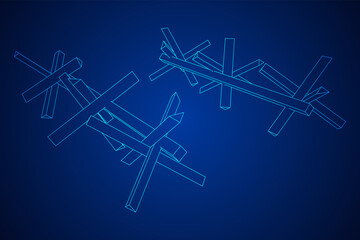 Hedgehog antitank defence. Wireframe low poly mesh vector illustration.