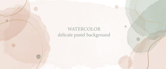Watercolor delicate pastel background vector. Wallpaper design with paint brush and gold line art. Illustration for prints, wall art, cover and invitation cards.