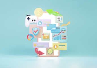 smartphone with notification icons. Media marketing, Social media concept, 3d illustration