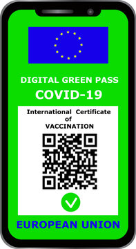 Vector image of trh green pass passport accepted by Europen Union of the international certificate of covid-19 vaccination shown on the smart phone with qr code identity.
