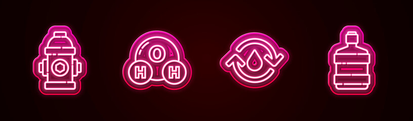 Set line Fire hydrant, Chemical formula for H2O, Recycle clean aqua and Big bottle with water. Glowing neon icon. Vector