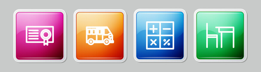 Fototapeta premium Set line Certificate template, School Bus, Calculator and table and chair. Colorful square button. Vector