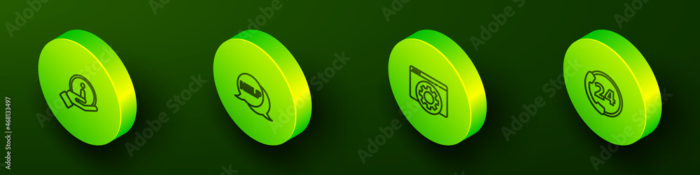 Poster set isometric line information, speech bubble with text help, browser setting and telephone 24 hours