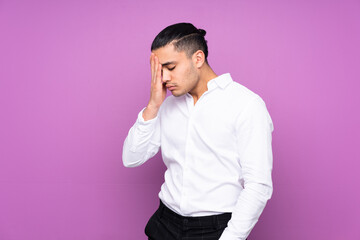 Asian handsome man isolated on blue background with headache