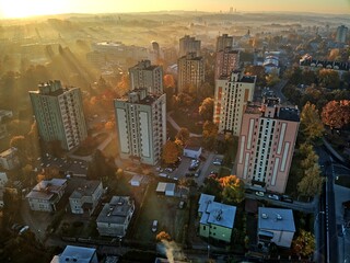 Fototapeta premium autumn sunrise over a housing estate in Rybnik, Poland