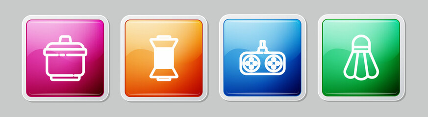 Set line Cooking pot, Sewing thread on spool, Gamepad and Badminton shuttlecock. Colorful square button. Vector