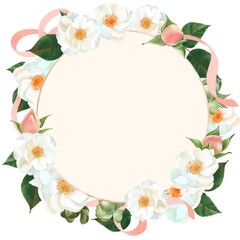 Fototapeta na wymiar 水玉模様のピンクのリボンのついた白い花とつぼみと植物の白バックのリースフレームイラスト素材