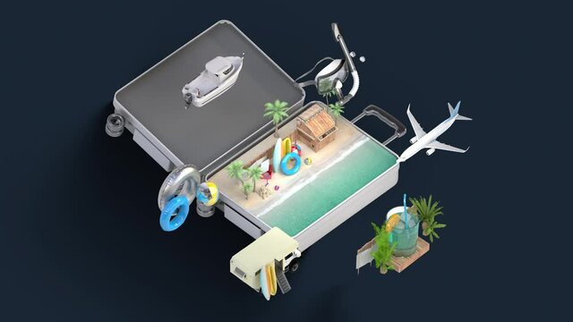 Opened a traveling bag, Luggage. Beaches and resort spread out. Prepare to travel for summer vacation, tour(included alpha). side view. 4k animation.