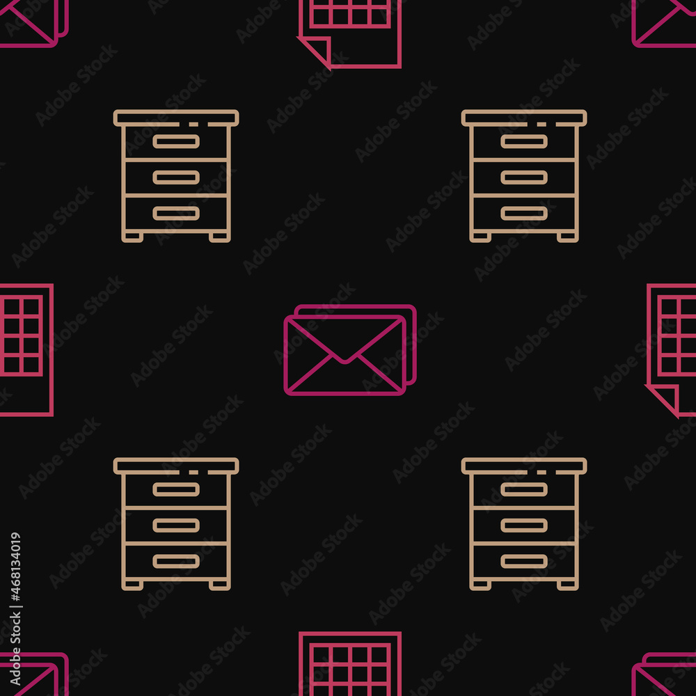 Aufkleber set line file document, drawer with documents and envelope on seamless pattern. vector