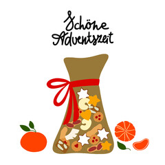 Traditional swiss christmas cookies in a jute bag with tangerines. Hand drawn Happy Advent lettering in German language
