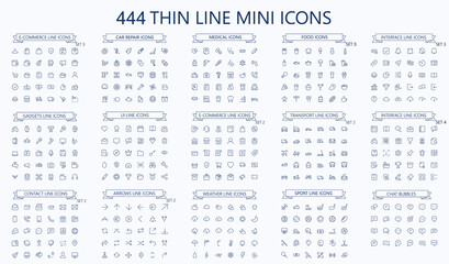 444 vector thin line mini icons set. Thin line simple outline icons, 24x24px grid. Pixel Perfect. Editable stroke. - obrazy, fototapety, plakaty