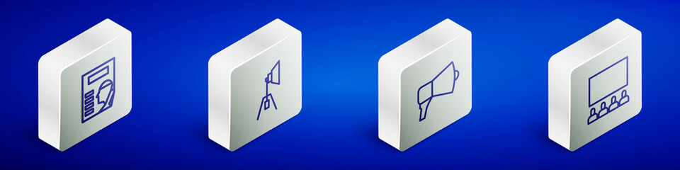 Set Isometric line Cinema poster, Movie spotlight, Megaphone and auditorium with screen icon. Vector