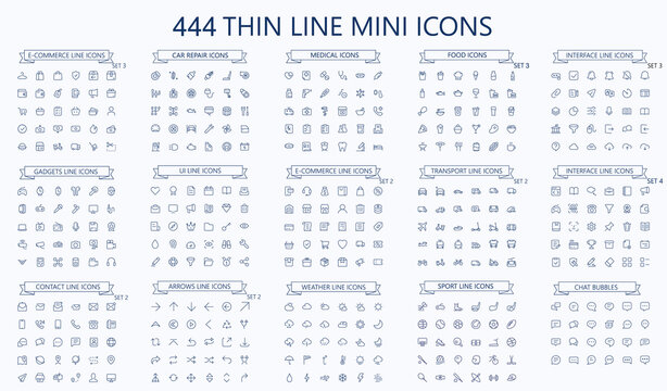 444 vector thin line mini icons set. Thin line simple outline icons, 24x24px grid. Pixel Perfect. Editable stroke.