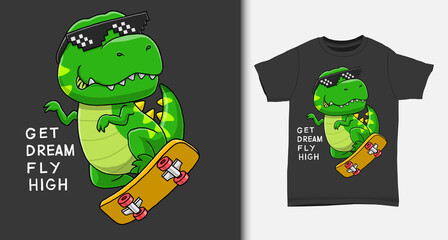 Cool dinosaur playing skateboard. with t-shirt design. © kancut