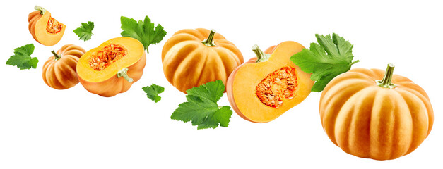 Flying Pumpkin and leaves, isolated on white background. Full depth of field. Pumpkin With clipping path