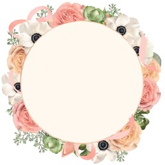 水玉模様のリボンのついたアネモネと薔薇とピンクのつぼみと植物のリース白バックフレームイラスト素材
