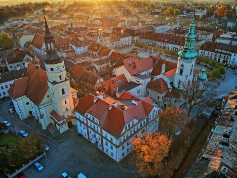 sunrise over the park and the palace in Pszczyna on an autumn morning