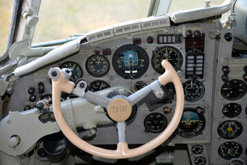 View of cockpit of the IL-18 airplane from the pilot's seat