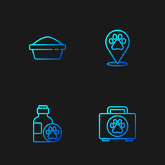 Set line Pet first aid kit, shampoo, food bowl and Location veterinary. Gradient color icons. Vector