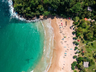 Tropical beach in Sri Lanka with boats from above