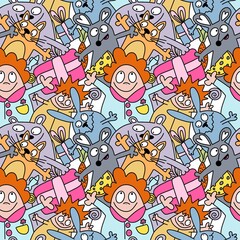 Doodle kids seamless pattern with animals and people for packaging and fabrics 
