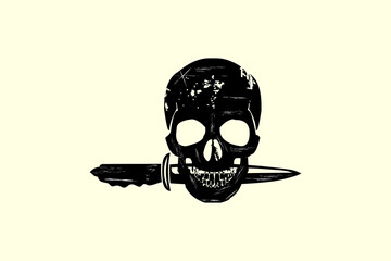 Unique vintage wild knife stabbed skull head template with isolated vector illustration