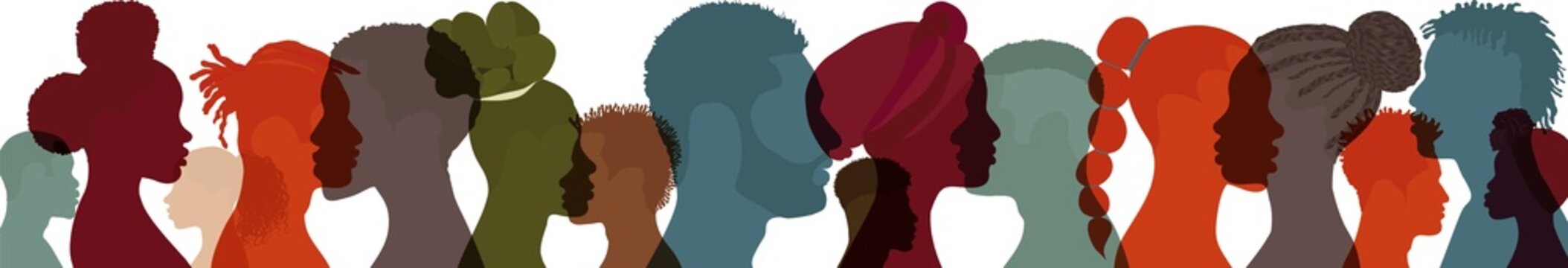 Racial equality and justice - Identity concept. Silhouette face head in profile ethnic group of black African and African American men and women. Racial discrimination. Racism