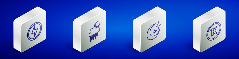 Set Isometric line Lightning bolt, Cloud with rain and moon, Moon stars and Kelvin icon. Vector