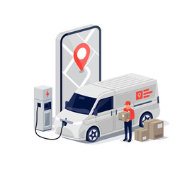 Fast delivery electric van parcel mail service with tracking smartphone mobile phone map app on screen. Cargo shipping truck vehicle charging with man holding box package gift. Express freight supply. © petovarga