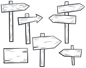 Set of wooden pointers sketch hand drawing. Collection of signs. Wooden blank plaques on poles, arrow and form. Bundle of templates for text, vector illustration.