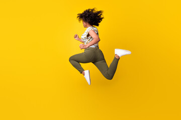 Back rear view full body photo of young afro girl go fast run sale jump printed blouse isolated...