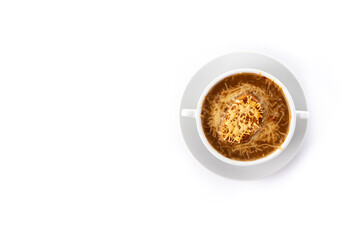 Traditional french onion soup isolated on white background. Top view. Copy space