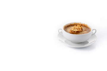 Traditional french onion soup isolated on white background. Copy space