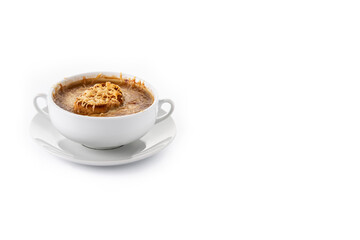 Traditional french onion soup isolated on white background. Copy space