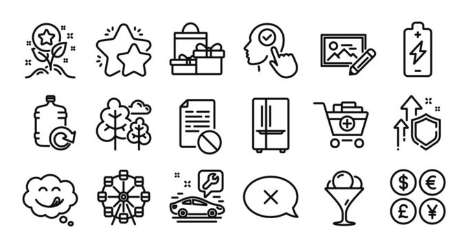 Car service, Reject and Photo edit line icons set. Secure shield and Money currency exchange. Ferris wheel, Refrigerator and Battery charging icons. Vector