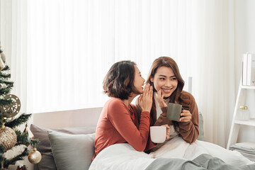 friendship concept - two beautiful women drinking coffee or tea at home and gossiping