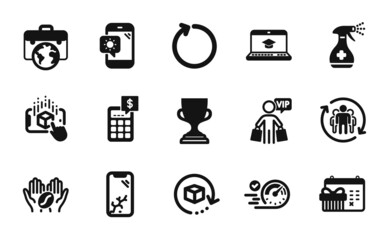 Vector set of Calculator, Vip shopping and Teamwork icons simple set. Augmented reality, Award cup and Coffee icons. Website education, Loop and Speedometer signs. Calculator simple web symbol. Vector
