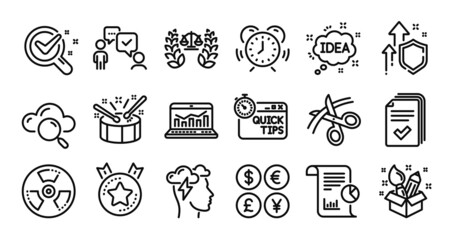 Justice scales, Chemical hazard and Cloud computing line icons set. Secure shield and Money currency exchange. Creativity, Idea and Report icons. Chemistry lab, Drums and Time management signs. Vector