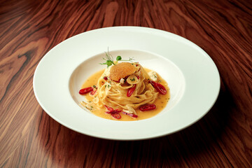 Italian Pepperoncini Pasta with garlic, hot pepper and pike caviar in a white plate on a wooden background